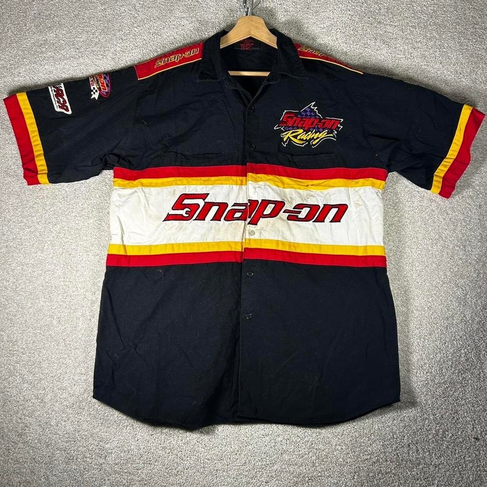Vintage Snap On Racing Motorsports black patches short sleeve pit shirt Size L